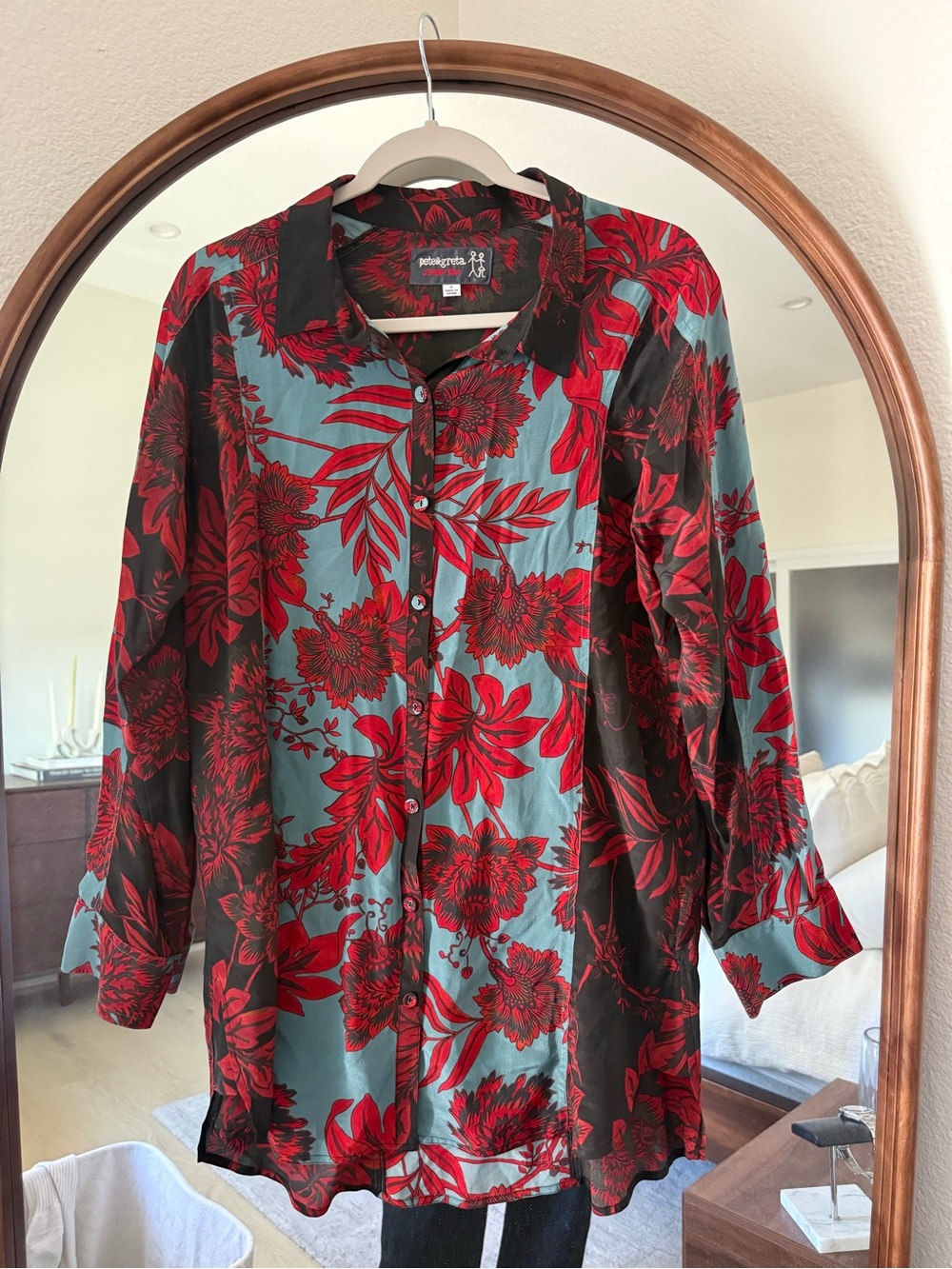 Johnny Was Red Floral Button-Down Shirt on Teal